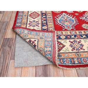 6'2"x8'9" Chili Oil Red With Honied White, Hand Knotted Kazak, Geometric Medallions Design, Densely Woven Shiny Wool Vegetable Dyes, Oriental Rug FWR520740