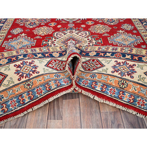 6'2"x8'9" Chili Oil Red With Honied White, Hand Knotted Kazak, Geometric Medallions Design, Densely Woven Shiny Wool Vegetable Dyes, Oriental Rug FWR520740