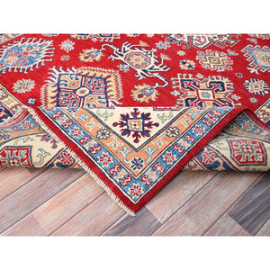 6'2"x8'9" Chili Oil Red With Honied White, Hand Knotted Kazak, Geometric Medallions Design, Densely Woven Shiny Wool Vegetable Dyes, Oriental Rug FWR520740
