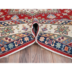 9'x12'5" Carnelian Red and Origami White, Natural Dyes, Denser Weave, Hand Knotted Soft and Velvet Wool, Kazak Design, Oriental Rug FWR520794