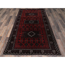 Load image into Gallery viewer, 3&#39;5&quot;x6&#39;6&quot; Carmine Red, Vintage Persian Baluch with Geometric Pattern, Sheared Low, Zero Pile, Sides and Ends Professionally Secured, Clean, Hand Knotted, 100% Wool, Wide Runner, Oriental Rug 67 FWR5202