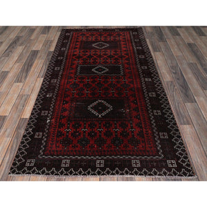 3'5"x6'6" Carmine Red, Vintage Persian Baluch with Geometric Pattern, Sheared Low, Zero Pile, Sides and Ends Professionally Secured, Clean, Hand Knotted, 100% Wool, Wide Runner, Oriental Rug 67 FWR5202