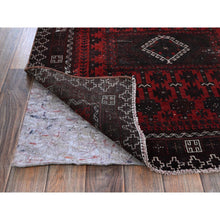 Load image into Gallery viewer, 3&#39;5&quot;x6&#39;6&quot; Carmine Red, Vintage Persian Baluch with Geometric Pattern, Sheared Low, Zero Pile, Sides and Ends Professionally Secured, Clean, Hand Knotted, 100% Wool, Wide Runner, Oriental Rug 67 FWR5202