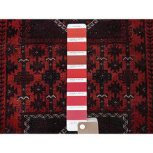 Load image into Gallery viewer, 3&#39;5&quot;x6&#39;6&quot; Carmine Red, Vintage Persian Baluch with Geometric Pattern, Sheared Low, Zero Pile, Sides and Ends Professionally Secured, Clean, Hand Knotted, 100% Wool, Wide Runner, Oriental Rug 67 FWR5202