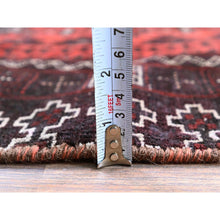 Load image into Gallery viewer, 3&#39;5&quot;x6&#39;6&quot; Carmine Red, Vintage Persian Baluch with Geometric Pattern, Sheared Low, Zero Pile, Sides and Ends Professionally Secured, Clean, Hand Knotted, 100% Wool, Wide Runner, Oriental Rug 67 FWR5202