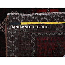Load image into Gallery viewer, 3&#39;5&quot;x8&#39;2&quot; Crimson Red, Vintage Persian Shiraz with Geometric Pattern, Small Animal Figurines, Shaved Low, Zero Pile, Sides and Ends Professionally Secured, Clean, Hand Knotted, Pure Wool, Wide Runner, Oriental Rug FWR5298