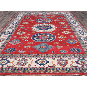9'x11'5" Ruby Red, Vegetables Dyes, Denser Weave, Hand Knotted Organic Wool, Kazak Large Motifs Design, Oriental Rug FWR520800