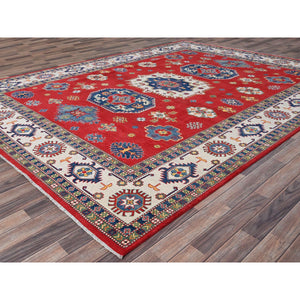 9'x11'5" Ruby Red, Vegetables Dyes, Denser Weave, Hand Knotted Organic Wool, Kazak Large Motifs Design, Oriental Rug FWR520800