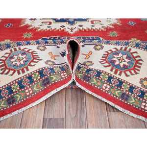 9'x11'5" Ruby Red, Vegetables Dyes, Denser Weave, Hand Knotted Organic Wool, Kazak Large Motifs Design, Oriental Rug FWR520800