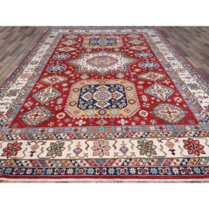 9'x12'4" Rufous Red, Snowbound White Border, Kazak with Large Medallions, Vegetable Dyes, Soft Pure Wool, Hand Knotted, Oriental Rug FWR520806