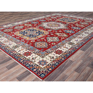 9'x12'4" Rufous Red, Snowbound White Border, Kazak with Large Medallions, Vegetable Dyes, Soft Pure Wool, Hand Knotted, Oriental Rug FWR520806