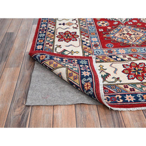 9'x12'4" Rufous Red, Snowbound White Border, Kazak with Large Medallions, Vegetable Dyes, Soft Pure Wool, Hand Knotted, Oriental Rug FWR520806