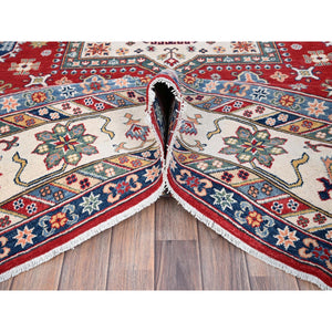 9'x12'4" Rufous Red, Snowbound White Border, Kazak with Large Medallions, Vegetable Dyes, Soft Pure Wool, Hand Knotted, Oriental Rug FWR520806