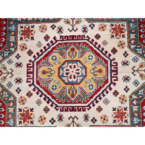 9'x12'4" Rufous Red, Snowbound White Border, Kazak with Large Medallions, Vegetable Dyes, Soft Pure Wool, Hand Knotted, Oriental Rug FWR520806