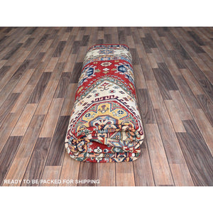 9'x12'4" Rufous Red, Snowbound White Border, Kazak with Large Medallions, Vegetable Dyes, Soft Pure Wool, Hand Knotted, Oriental Rug FWR520806