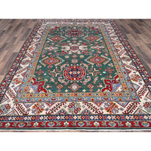 Load image into Gallery viewer, 6&#39;1&quot;x9&#39;2&quot; Lush Meadow Green With Pearly White, Kazak With Throughout Geometric Motifs, Vegetable Dyes, Denser Weave, Extra Soft Wool, Hand Knotted, Oriental Rug FWR520824