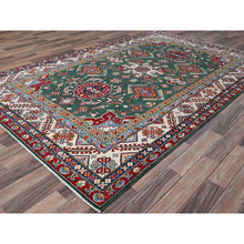 Load image into Gallery viewer, 6&#39;1&quot;x9&#39;2&quot; Lush Meadow Green With Pearly White, Kazak With Throughout Geometric Motifs, Vegetable Dyes, Denser Weave, Extra Soft Wool, Hand Knotted, Oriental Rug FWR520824