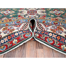 Load image into Gallery viewer, 6&#39;1&quot;x9&#39;2&quot; Lush Meadow Green With Pearly White, Kazak With Throughout Geometric Motifs, Vegetable Dyes, Denser Weave, Extra Soft Wool, Hand Knotted, Oriental Rug FWR520824