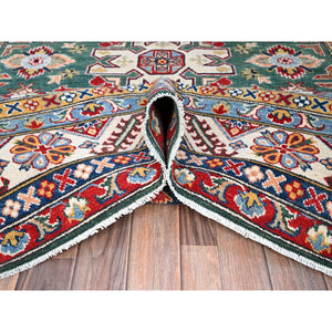 6'1"x9'2" Lush Meadow Green With Pearly White, Kazak With Throughout Geometric Motifs, Vegetable Dyes, Denser Weave, Extra Soft Wool, Hand Knotted, Oriental Rug FWR520824