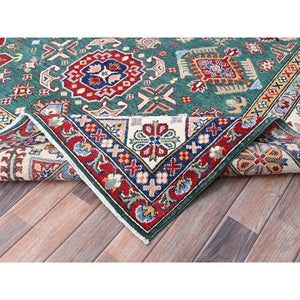 6'1"x9'2" Lush Meadow Green With Pearly White, Kazak With Throughout Geometric Motifs, Vegetable Dyes, Denser Weave, Extra Soft Wool, Hand Knotted, Oriental Rug FWR520824