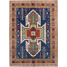 Load image into Gallery viewer, 4&#39;10&quot;x6&#39;5&quot; Chatham Blue With Crab Red Border, Antiqued Caucasian Swan Design, Kazak With Small Animal and Human Figurines, Vegetable Dyes, Hand Knotted Denser Weave, All Wool, Oriental Rug FWR520842