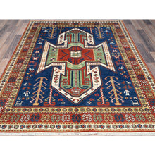 Load image into Gallery viewer, 4&#39;10&quot;x6&#39;5&quot; Chatham Blue With Crab Red Border, Antiqued Caucasian Swan Design, Kazak With Small Animal and Human Figurines, Vegetable Dyes, Hand Knotted Denser Weave, All Wool, Oriental Rug FWR520842
