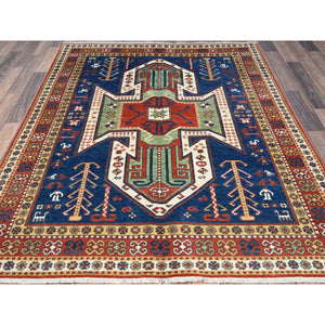 4'10"x6'5" Chatham Blue With Crab Red Border, Antiqued Caucasian Swan Design, Kazak With Small Animal and Human Figurines, Vegetable Dyes, Hand Knotted Denser Weave, All Wool, Oriental Rug FWR520842