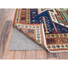 Load image into Gallery viewer, 4&#39;10&quot;x6&#39;5&quot; Chatham Blue With Crab Red Border, Antiqued Caucasian Swan Design, Kazak With Small Animal and Human Figurines, Vegetable Dyes, Hand Knotted Denser Weave, All Wool, Oriental Rug FWR520842