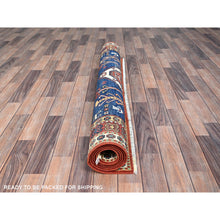 Load image into Gallery viewer, 4&#39;10&quot;x6&#39;5&quot; Chatham Blue With Crab Red Border, Antiqued Caucasian Swan Design, Kazak With Small Animal and Human Figurines, Vegetable Dyes, Hand Knotted Denser Weave, All Wool, Oriental Rug FWR520842