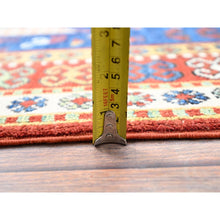 Load image into Gallery viewer, 4&#39;10&quot;x6&#39;5&quot; Chatham Blue With Crab Red Border, Antiqued Caucasian Swan Design, Kazak With Small Animal and Human Figurines, Vegetable Dyes, Hand Knotted Denser Weave, All Wool, Oriental Rug FWR520842