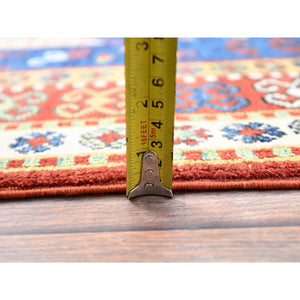 4'10"x6'5" Chatham Blue With Crab Red Border, Antiqued Caucasian Swan Design, Kazak With Small Animal and Human Figurines, Vegetable Dyes, Hand Knotted Denser Weave, All Wool, Oriental Rug FWR520842