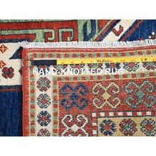 Load image into Gallery viewer, 4&#39;10&quot;x6&#39;5&quot; Chatham Blue With Crab Red Border, Antiqued Caucasian Swan Design, Kazak With Small Animal and Human Figurines, Vegetable Dyes, Hand Knotted Denser Weave, All Wool, Oriental Rug FWR520842