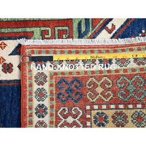 4'10"x6'5" Chatham Blue With Crab Red Border, Antiqued Caucasian Swan Design, Kazak With Small Animal and Human Figurines, Vegetable Dyes, Hand Knotted Denser Weave, All Wool, Oriental Rug FWR520842