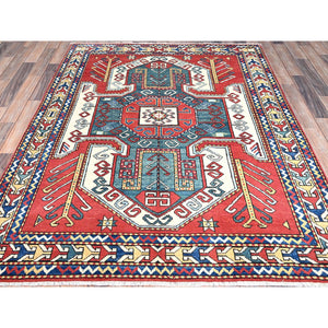 5'x6'6" Pepperoni Red, Densely Woven Organic Wool, Hand Knotted, Antiqued Caucasian Swan Kazak Design, Natural Dyes, Oriental Rug FWR520854