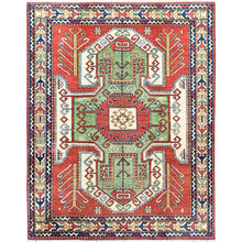 Load image into Gallery viewer, 5&#39;x6&#39;3&quot; Auburn Red With Bistro White, Densely Woven, Antiqued Kazak Hand Knotted Caucasian Swan Design, Soft and Velvety Wool, Natural Dyes, Oriental Rug FWR520872