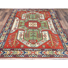 Load image into Gallery viewer, 5&#39;x6&#39;3&quot; Auburn Red With Bistro White, Densely Woven, Antiqued Kazak Hand Knotted Caucasian Swan Design, Soft and Velvety Wool, Natural Dyes, Oriental Rug FWR520872