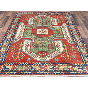 5'x6'3" Auburn Red With Bistro White, Densely Woven, Antiqued Kazak Hand Knotted Caucasian Swan Design, Soft and Velvety Wool, Natural Dyes, Oriental Rug FWR520872