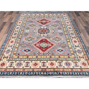 4'10"x6'7" Dove Gray, Vegetable Dyes, Kazak Hand Knotted Denser Weave All Over Tribal Motifs, Natural Wool, Oriental Rug FWR520884