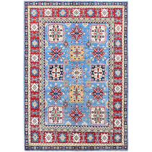 Load image into Gallery viewer, 4&#39;8&quot;x6&#39;10&quot; Quilt Blue With Hot Ember Red, Kazak Throughout Geometric Design, Vegetable Dyes and Extra Soft Wool, Hand Knotted Oriental Rug FWR520908