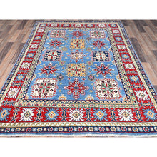 Load image into Gallery viewer, 4&#39;8&quot;x6&#39;10&quot; Quilt Blue With Hot Ember Red, Kazak Throughout Geometric Design, Vegetable Dyes And Extra Soft Wool, Hand Knotted Oriental Rug FWR520908