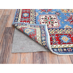 4'8"x6'10" Quilt Blue With Hot Ember Red, Kazak Throughout Geometric Design, Vegetable Dyes and Extra Soft Wool, Hand Knotted Oriental Rug FWR520908