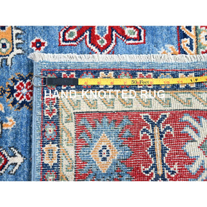 4'8"x6'10" Quilt Blue With Hot Ember Red, Kazak Throughout Geometric Design, Vegetable Dyes and Extra Soft Wool, Hand Knotted Oriental Rug FWR520908