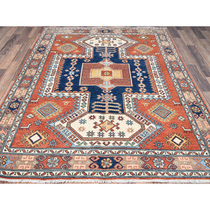 5'1"x6'6" Blush Red and Plaster Brown, Antiqued Kazak Caucasian Swan Design With Animal Figurines, Shiny Pure Wool, Natural Dyes, Hand Knotted Densely Woven Oriental Rug FWR520920
