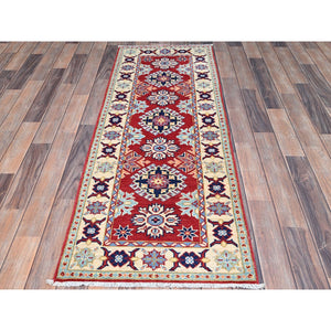 2'1"x6' Scarlet Red, Denser Weave Shiny Wool Hand Knotted, Kazak All Over Design, Natural Dyes Oriental Runner Rug FWR520980