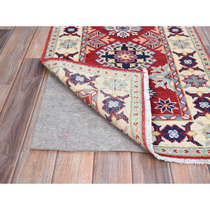 2'1"x6' Scarlet Red, Denser Weave Shiny Wool Hand Knotted, Kazak All Over Design, Natural Dyes Oriental Runner Rug FWR520980