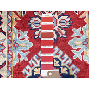 2'1"x6' Scarlet Red, Denser Weave Shiny Wool Hand Knotted, Kazak All Over Design, Natural Dyes Oriental Runner Rug FWR520980