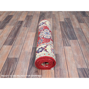 2'1"x6' Scarlet Red, Denser Weave Shiny Wool Hand Knotted, Kazak All Over Design, Natural Dyes Oriental Runner Rug FWR520980