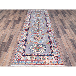 2'9"x7'10" Rocket Metallic Gray, Afghan Kazak, Denser Weave, Natural Wool, Tribal And Geometric Medallions, Hand Knotted Oriental Runner Rug FWR521034