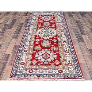 2'9"x6'6" Cherry Red With Vibrant Medallions All Over Denser Weave Soft And Shiny Wool Hand Knotted Oriental Kazak Runner Rug FWR521058