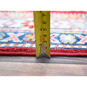2'9"x6'6" Cherry Red With Vibrant Medallions All Over Denser Weave Soft And Shiny Wool Hand Knotted Oriental Kazak Runner Rug FWR521058